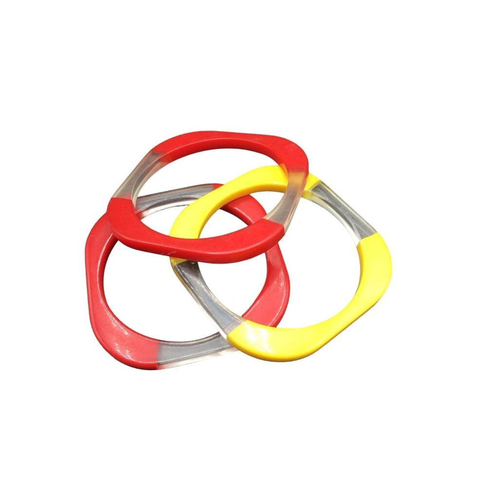 Lucite Plastic Bangles Set of 3 Red and Yellow Retro Funky Square Bracelets